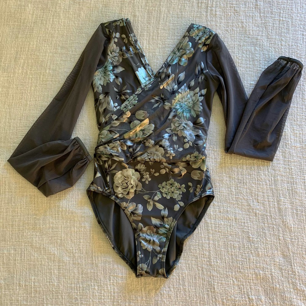 Weissman Gray Sheer Floral Long Sleeve Bodysuit Size Small